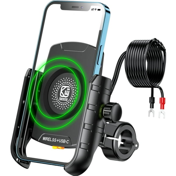 FU1999 Motorcycle Phone Mount with Qi 15W Wireless Charger & USB C 20W Fast Charging Port, Waterproof Motorcycle Cellphone Holder Cradle with Aluminum Alloy Handlebar Mounting Base for 4"-8" Phones