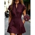 thumbnail image 3 of Women's Burgundy Notch V-Neck Mini Dress Short Sleeve High Waist A-Line with Pockets Casual Work Dress, 3 of 3