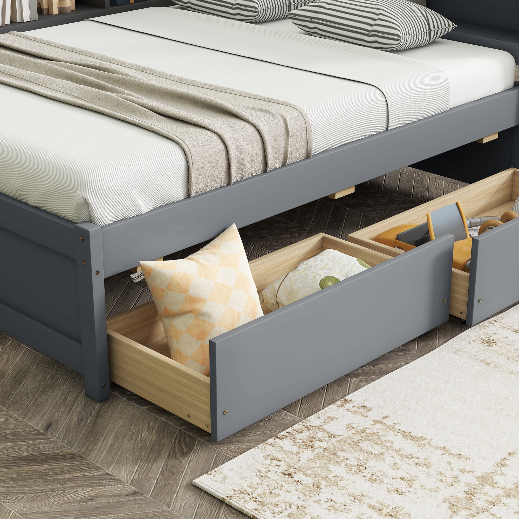 Leumius Full Size L-shaped Bookcases Bed with Power Outlets, USB Charging Ports,Two Drawers for Boys Girls Grey