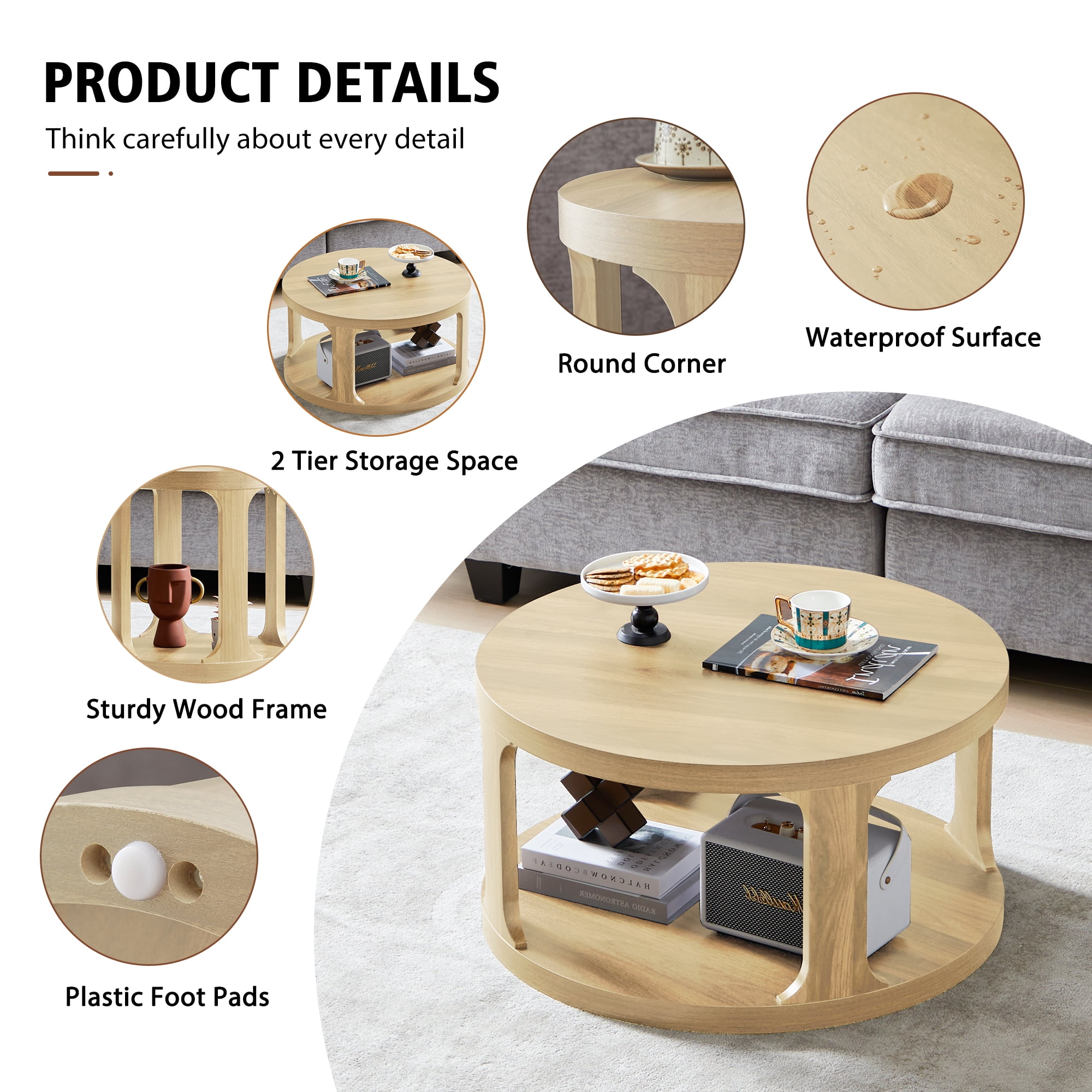 Weselon Wood  Nesting Coffee Table Set of 2, Natural Round Coffee Table with 2-Tier Storage Shelf, Rustic Center Table, Circle Coffee Table for Living room Bedroom, Small Table for Small Space