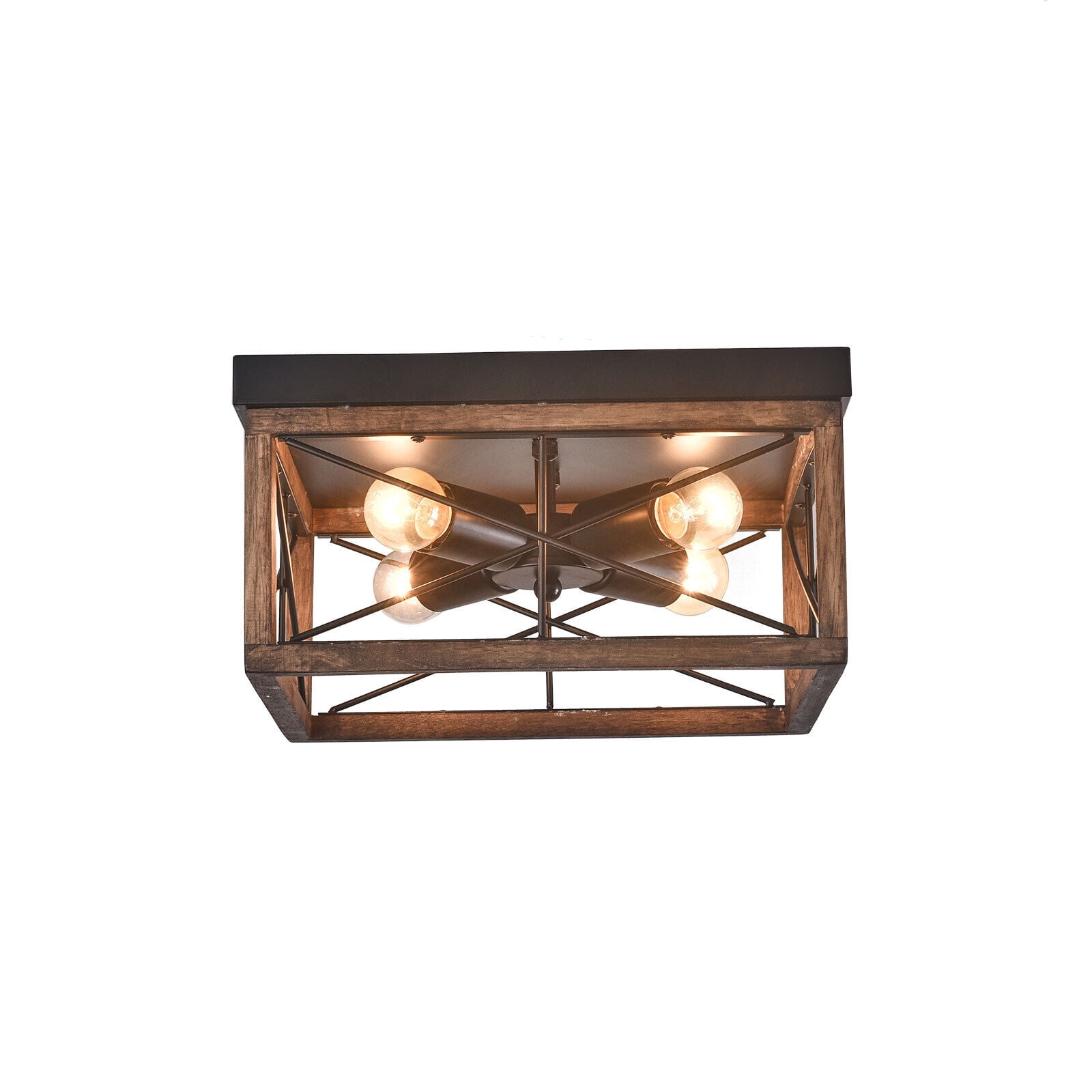 Miumaeov Industrial Chandelier 4-Light Flush Mount Wooden Pendant Lamp Fixture Close to Ceiling Light for Kitchen Living Room Bedroom Hallway