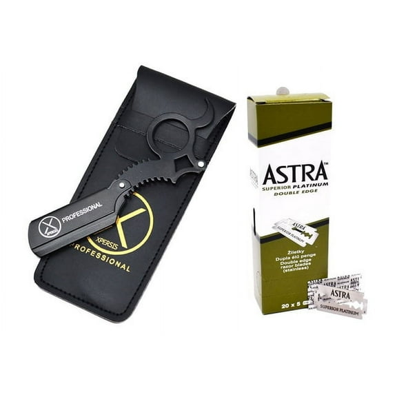 Barber Full Blade Straight Razor Black German made stainless steel 100 Astra Blades Bonus by Xpersis Pro