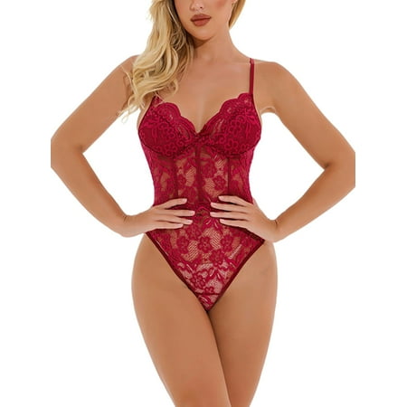 

Capreze Women Sleepwear Deep V Lingerie Floral Teddy Bodysuit Lace Ladies Backless Hollow Out Solid Color Strappy Wine Red 2XL