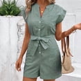 thumbnail image 2 of Morttic Women's Striped Romper with Flutter Sleeves – V-Neck Button Front Belted Waist with Pockets Casual Summer Daily Green，L, 2 of 6
