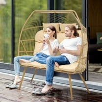 Dextrus Double Egg Chair with Legs 2 Person Wicker Egg Chair Indoor Outdoor Patio Egg Chair with Cushions 510lbs for Patio, Bedroom, Garden and Balcony, Beige