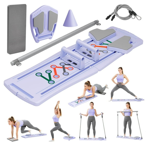 RICAN 7 in 1 Foldable Pilates Board, Pilates Reformer Set with 330LBS, Home Multi-functional Folding Body Board, Fitness, Exercise, Abs, Purple
