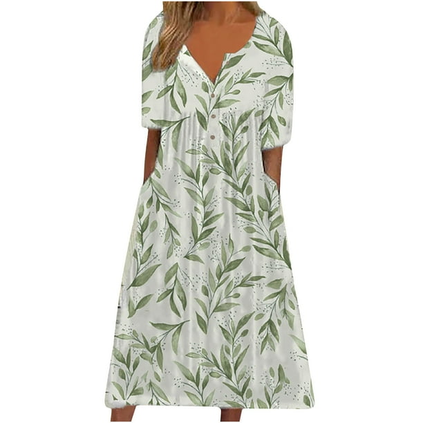 ICHUANYI ClearanceFashion Women Summer Printing Causal V-Neck Button Short Sleeve Vacation Pockets Dress(Green, XXL) ICHUANYI WER20232080502731