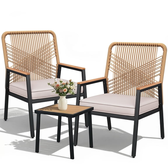 Beige Rattan Patio Furniture Set, 3-Piece Outdoor Conversation Set