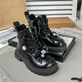thumbnail image 2 of Girls Combat Boots Elegant Rhinestone Bowtie High Top Leather Ankle Booties Cute Floral Decor Winter Dress Boots 8.5 Toddler Black, 2 of 5