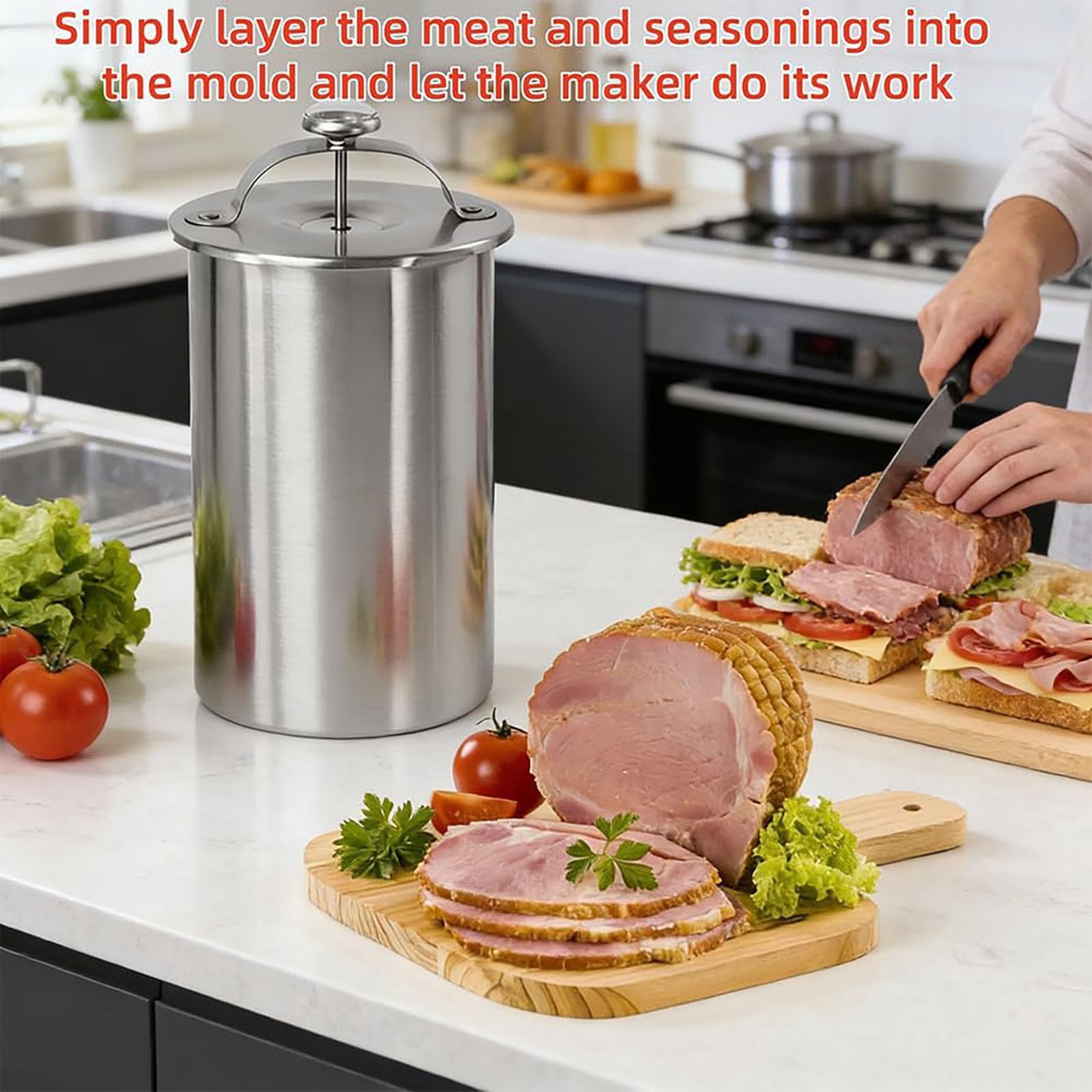 Stainless Steel Deli Meat Press with Thermometer & Spring Mechanism,Meat Press Mold for Deli,Presss for Healthy Home Cooking.