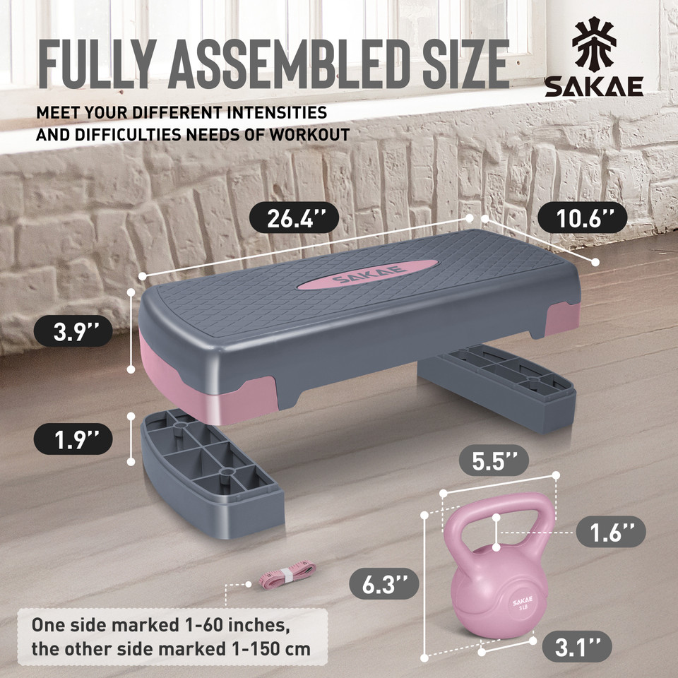 SAKAE Pink Step Aerobics Platform Set with Kettlebell & Measuring Tape, Aerobic Steppers for Exercise at Home, Adjustable Height 2 Level Risers Workout Step Trainer with Non-Slip Surface