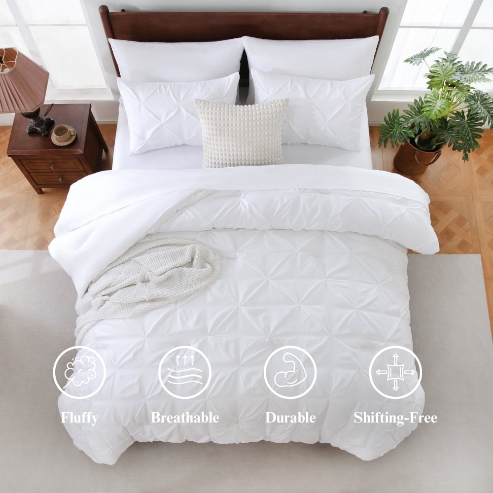 Sheet&Joy 7 Pieces Pinch-Pleated Comforter Set, White Queen Size