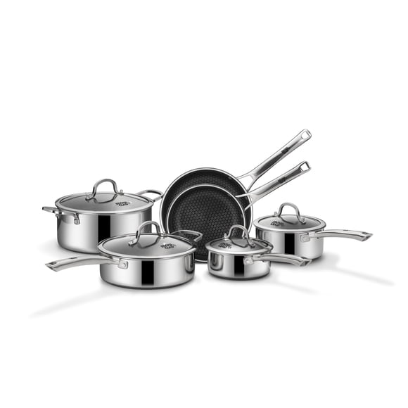 Juego de ollas y sartenes SNOWCLAD antiadherentes, 10 piezas de utensilios de cocina híbridos de acero inoxidable, sartenes antiadherentes, cacerolas, sartenes y ollas, sartén de cocina sin PFOA, comp