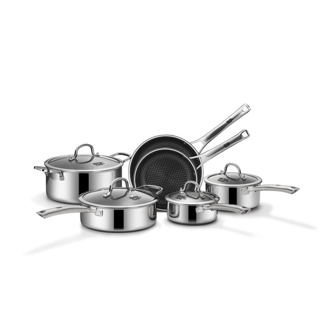 Juego de ollas y sartenes SNOWCLAD antiadherentes, 10 piezas de utensilios de cocina híbridos de acero inoxidable, sartenes antiadherentes, cacerolas, sartenes y ollas, sartén de cocina sin PFOA, comp