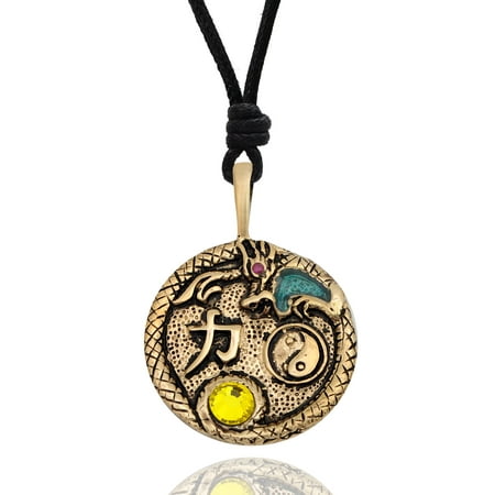 Yellow Yin Yang Dragon Handmade Brass Necklace Pendant Jewelry With Cotton