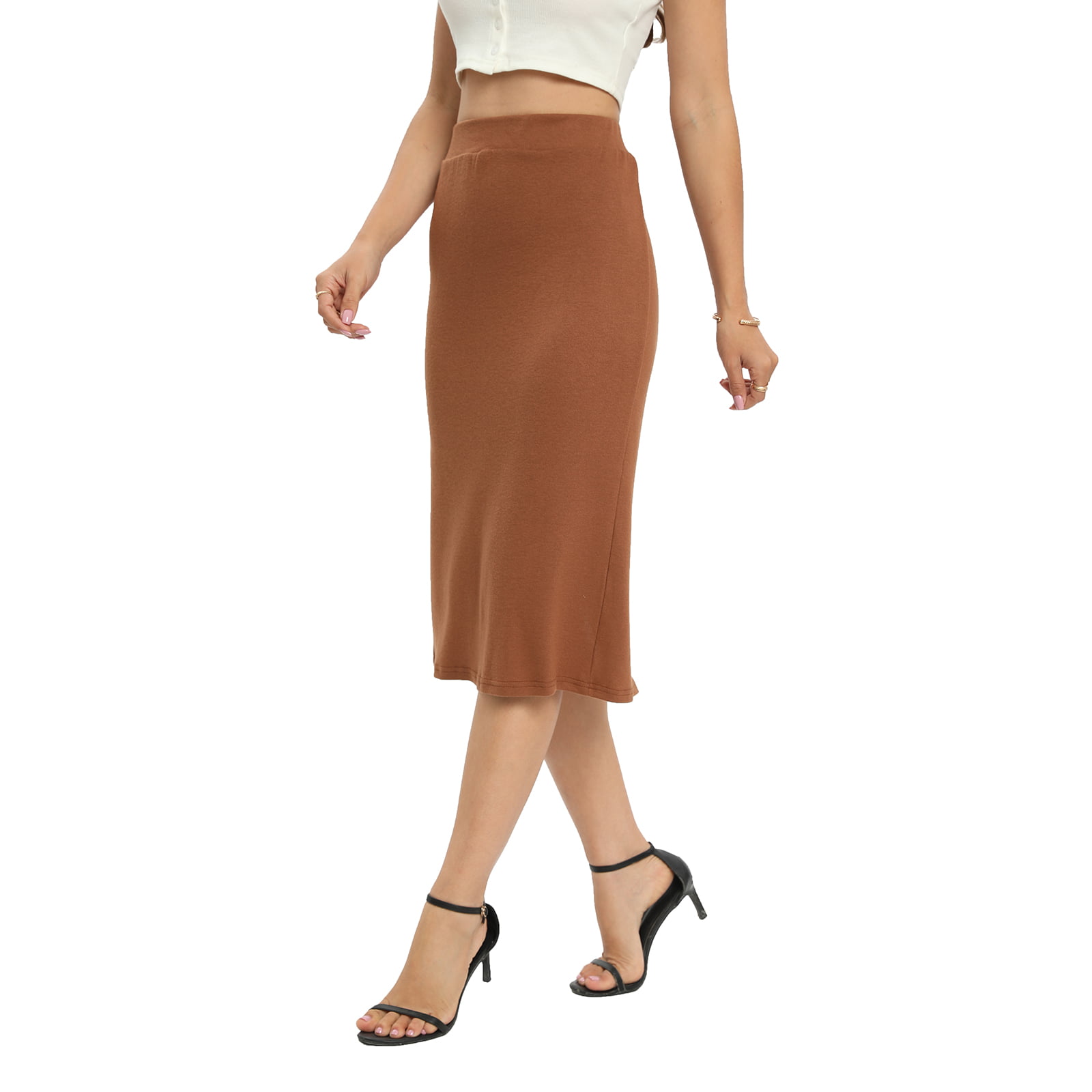 Baywell Women Premium Office Skirt High Waist Stretchy Pencil Skirt Below  Knee Khaki S-2XL - Walmart.com