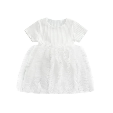 

Sunisery Kids Baby Girls Princess Dress Short Sleeve Ribbed Stitching Fluffy Hem Summer Casual A-Line Dress White 4-5 Years