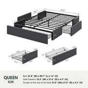 Amolife Queen Size Upholstered Platform Bed Frame with 3 Storage Drawers, Dark Grey