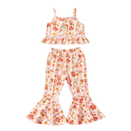 

Peyakidsaa Kid Baby Girls Floral Print Spaghetti Straps Ruffled Cami Tank Tops Flare Pants Casual Outfits