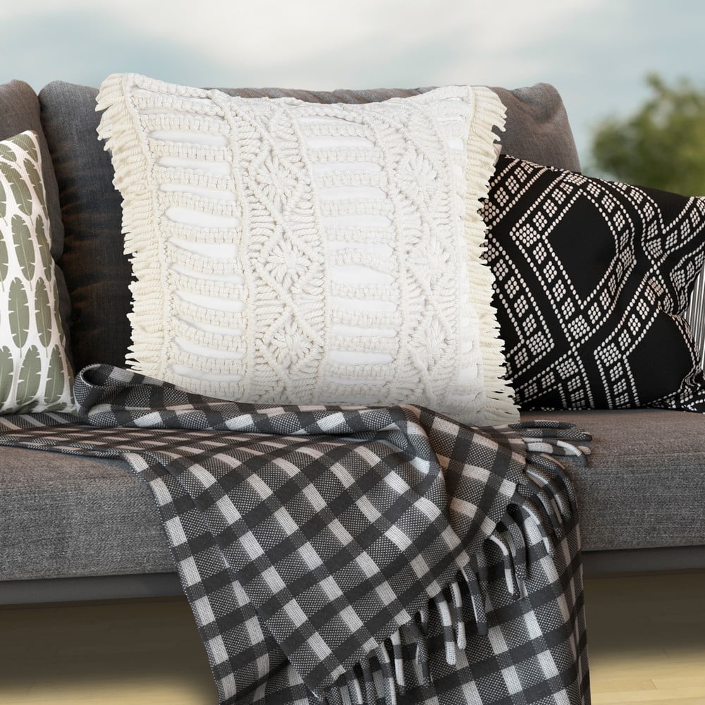 LR Home Hand Made Macrame Indoor Outdoor Throw Pillow, 24