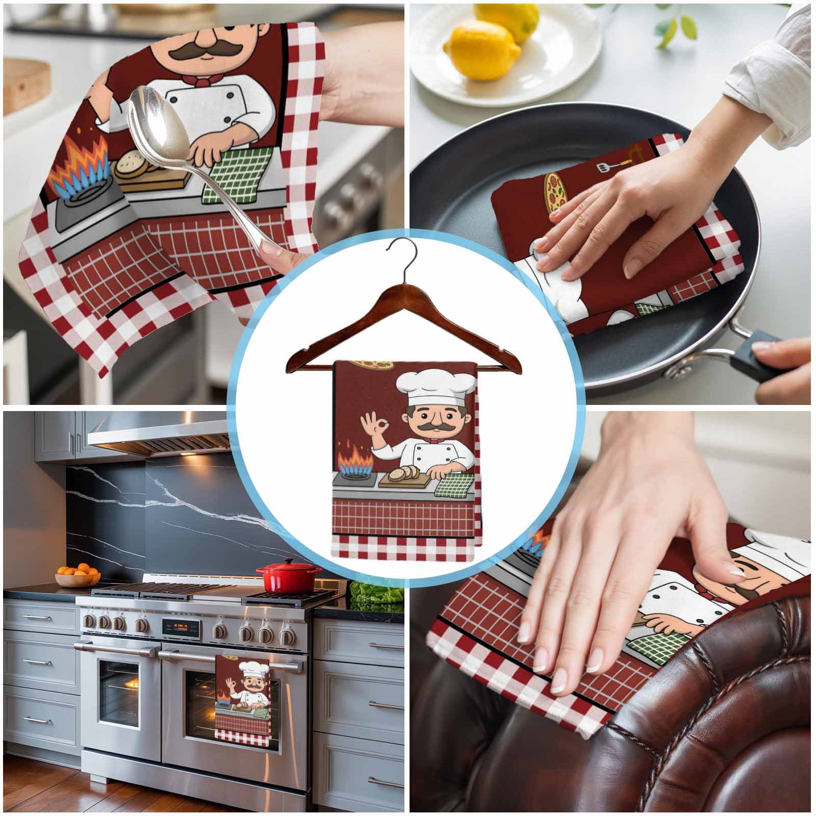 Kitchen Towel Kitchen Cute Chef Cook Burgundy Red Plaid Dish Cloths 2 Pack 18x28in,Super Absorbent Tea Hand Towels Bathroom Cleaning Cloth Pizza Gourmet Soft Dishcloth for Drying Dishes