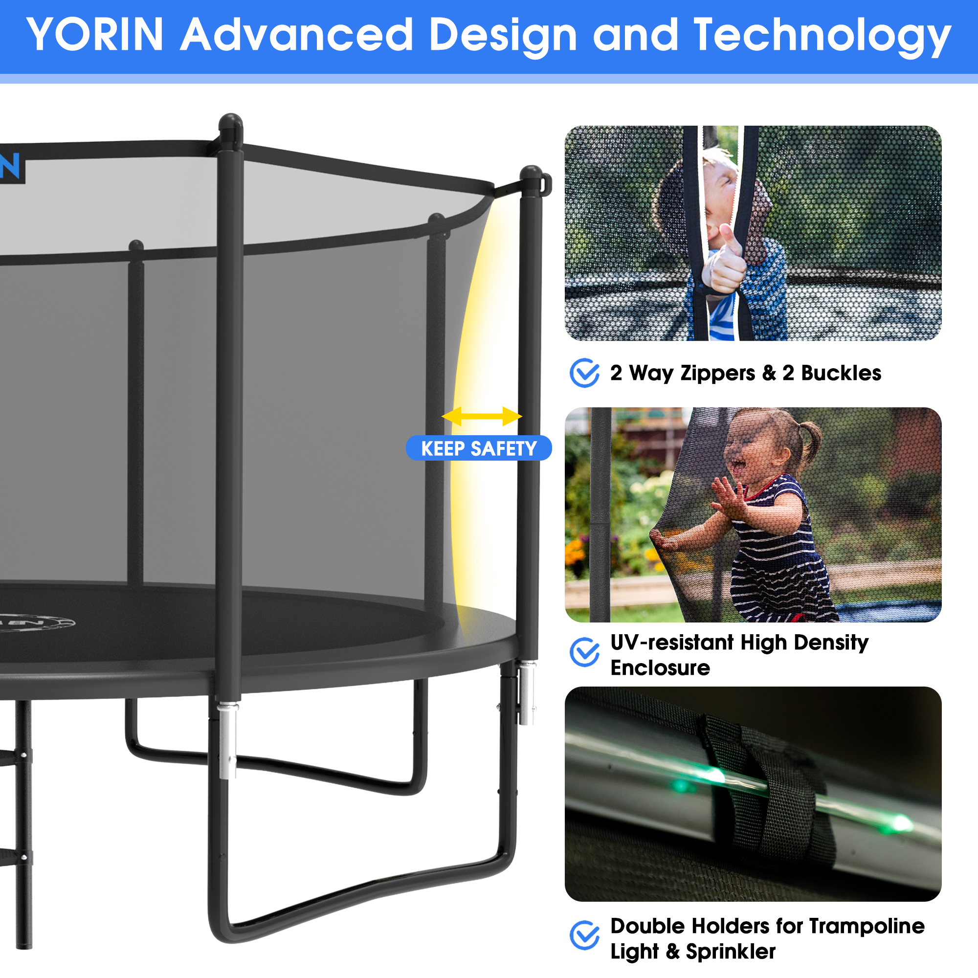 YORIN Trampoline, 12FT Trampoline for 4-5 Kids Adults with Enclosure, 1200LBS Outdoor Trampoline with Basketball Hoop, Sprinkler, Light, Socks, Ladder, Galvanized Anti-Rust Coating Trampoline