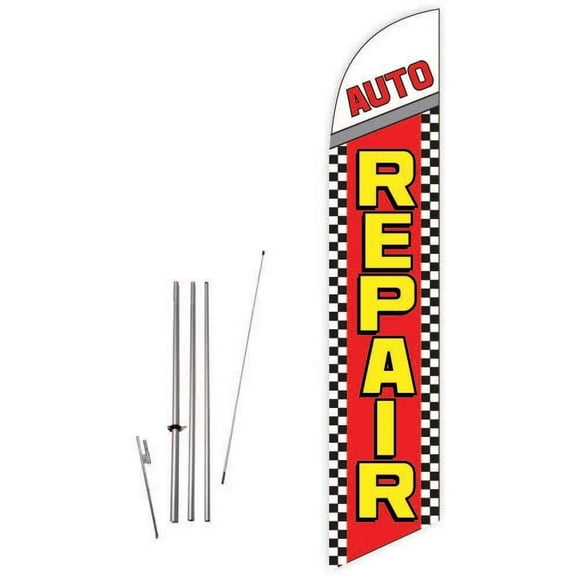 Cobb Promo Auto Repair Red Feather Flag with Complete 15ft Pole kit and Ground Spike