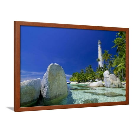 Beautiful View of an Island with White Lighthouse Fringed by Crystal Clear Sea and White Granite Bo Framed Print Wall Art By FADIL