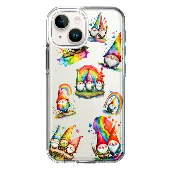 MUNDAZE Case for Apple iPhone 15 Hybrid Shockproof Slim Hard Soft TPU Shell Heavy Duty Protective Phone Cover - Colorful Neon Glow Rainbow Gnomes Painting