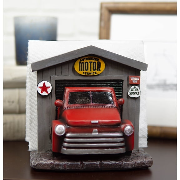 Classic Vintage Red Pickup Truck In Garage Shop Paper Napkin Holder Figurine