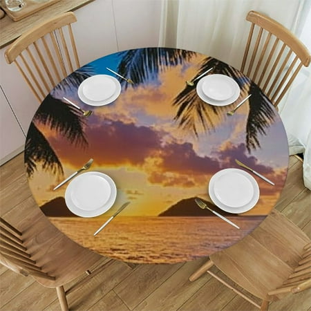 

Beach Sunrise Round Fitted Tablecloth with Elastic Edge Tropical Palm Tree Waterproof Wipeable Round