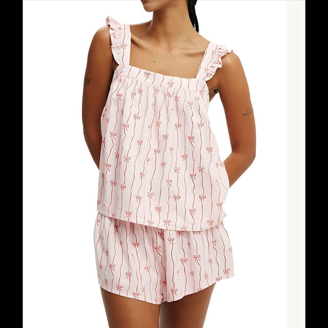 Conjunto de Pijama de 2 Piezas Y2K para Mujer, Sin Mangas, A Rayas, con Volantes, Camiseta Sin Mangas y Pantalones Cortos, Conjuntos de Estar por Casa. Rosa S