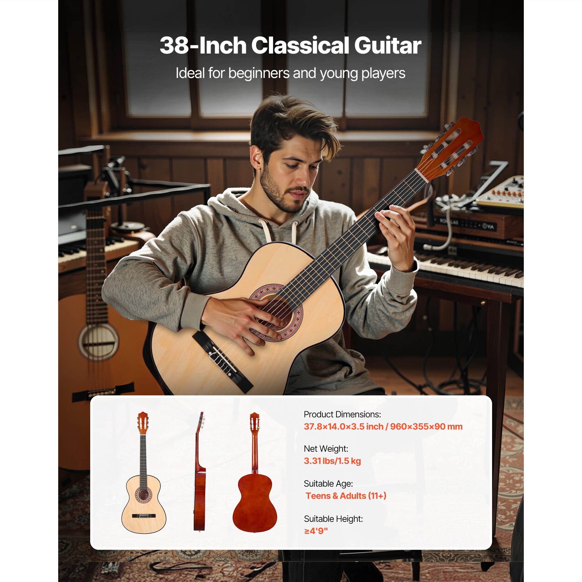 KFFKFF 38-Inch Classical Guitar Starter Kit, Wooden Acoustic Guitar with Nylon Strings, Gig Bag, Strap, Tuner, Extra Strings, Pick, Capo, Ideal for Beginners, Teens, Adults, and Students