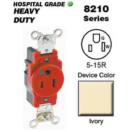 Leviton 8210-I Single Receptacle Hospital Grade 5-15R 15A 125V BandS Wired - Ivory
