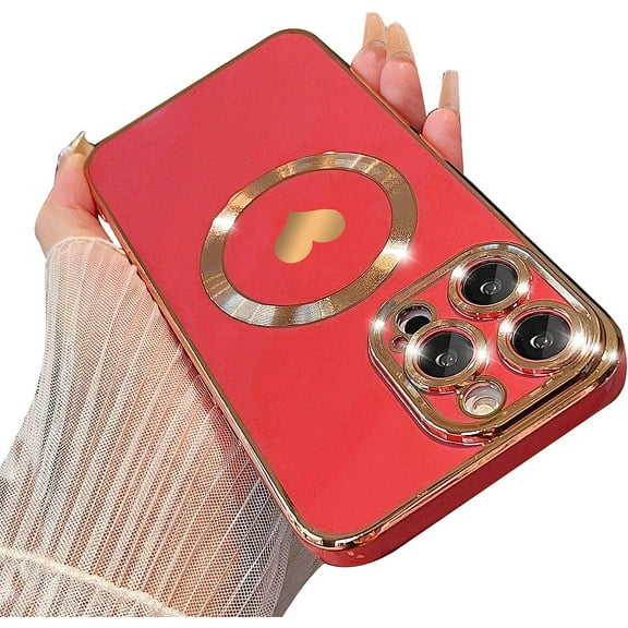 Magnetic case for iPhone 14 Pro Case for Women, Cute Gold Love Heart Soft MagSafe Case, Raised Full Camera Lens Protection Phone Case for iPhone 14 Pro MagSafe Case 6.1"- Red