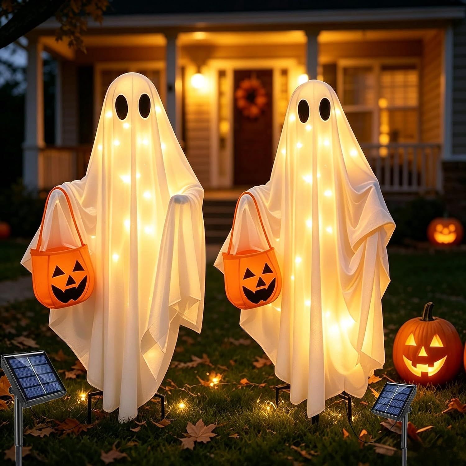 Solar Halloween Ghost Lights, 2 Pack Hanging and Stake Yard Decorations with 30 Warm White LEDs, 14.57 in, Weather Resistant