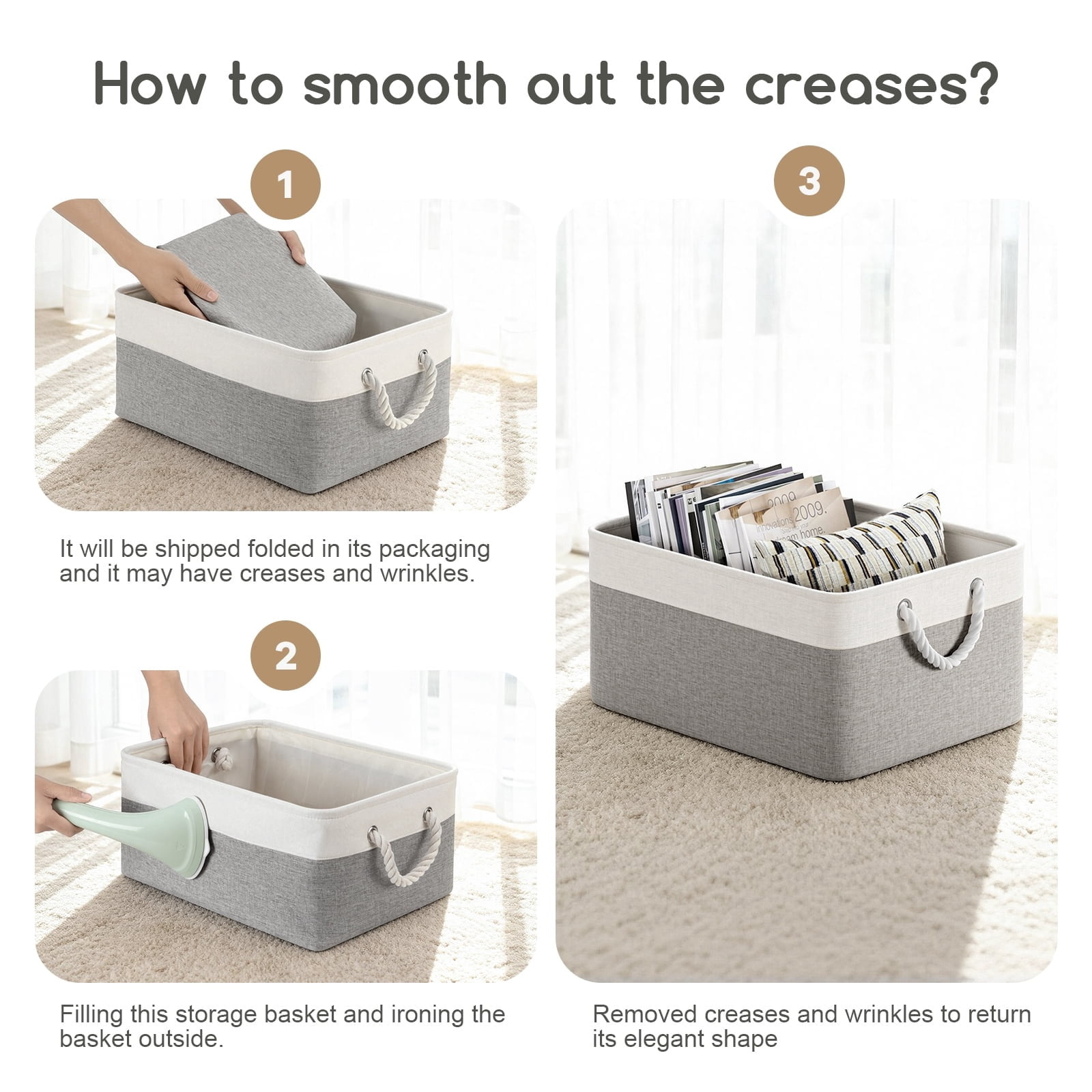 Fenbeli Fabric Storage Baskets Set of 4 Foldable Storage Bins with Cotton Rope Handles for Shelf and Closet, grey and white