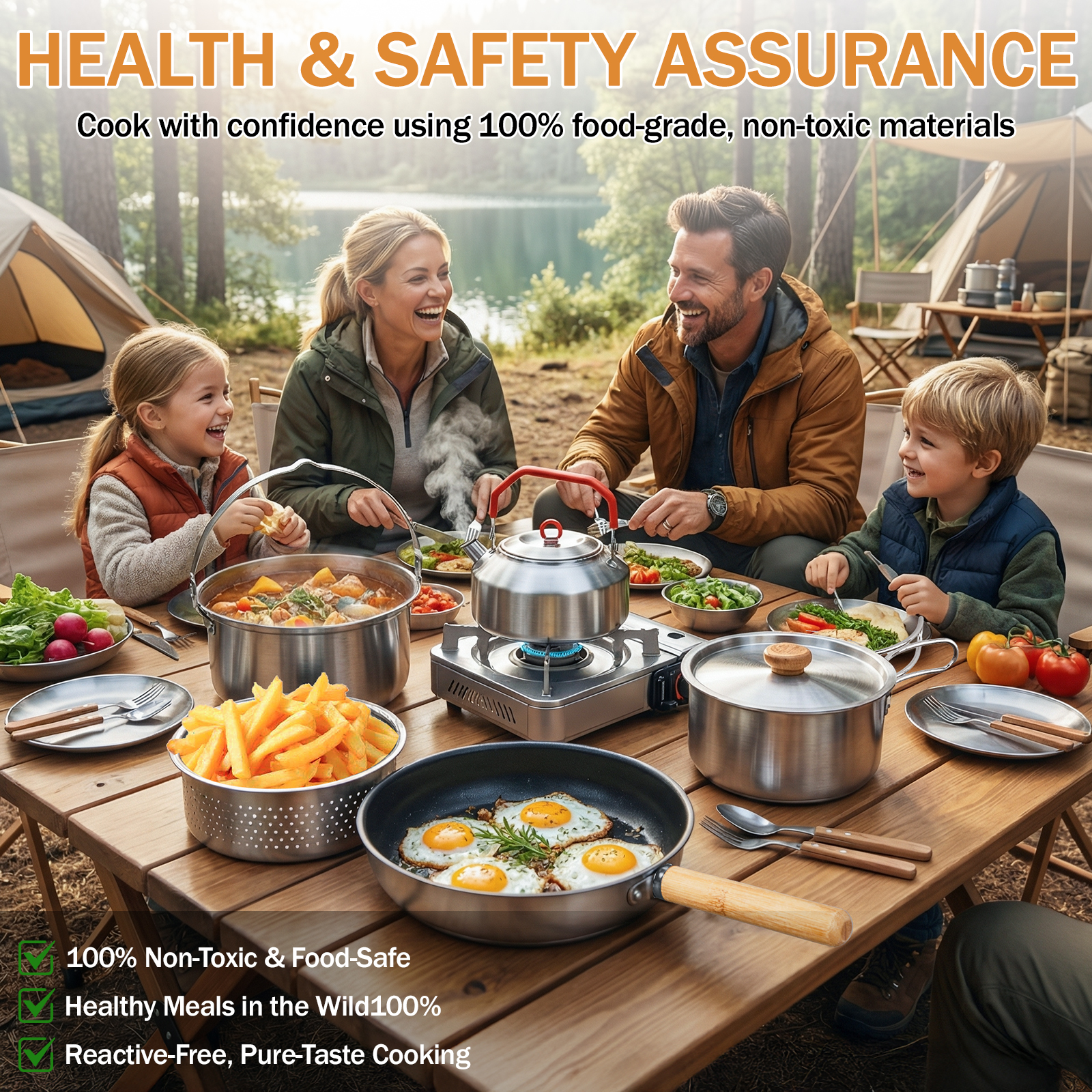 UBesGoo Camping Cookware Pot Set Outdoor Cooking Set w/ Pots,Fry Pan,Colander,Kettle,Lids