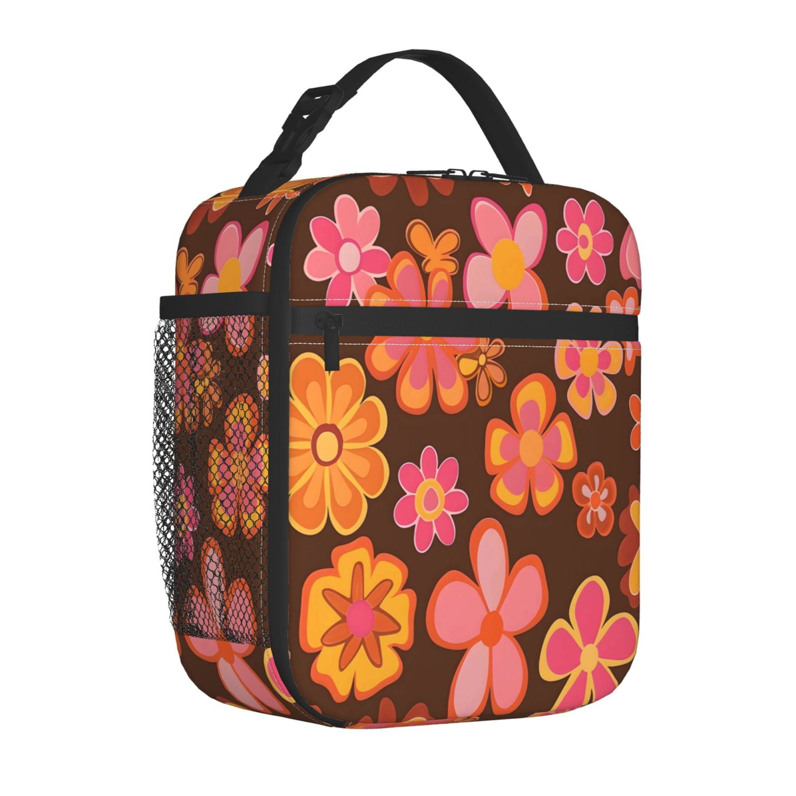 Lunch Bag For Women Men Insulated Portable Lunch Box Bento Box Office Picnic Travel Cooler Bag Retro Groovy Flowers Pattern (11)