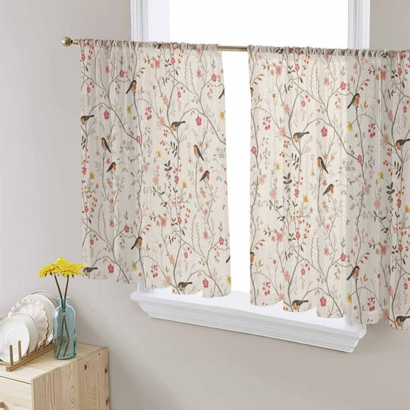 Flowers Birds Semi Sheer Curtains 45 Inch Length 2 Panels Set, Country Retro Botanical Floral Branches Sheer Kitchen Curtain Privacy Voile Window Curtain for Living Room Bedroom Rod Pocket Drapes
