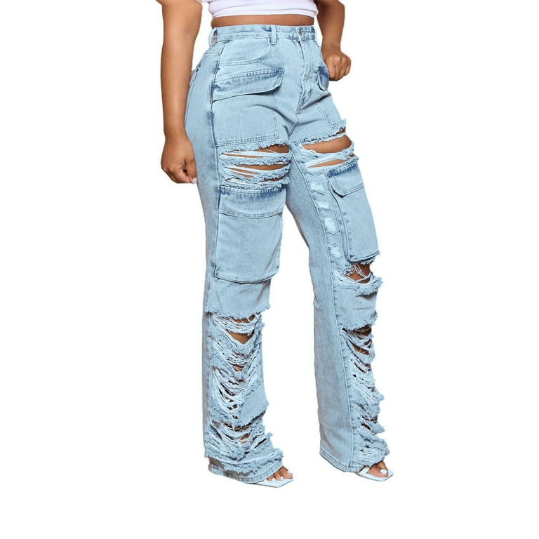 【BAON】Rohoni Peach Fuzz Wide Denim Pants Aueoeo Women's Ripped High Waisted Boyfriend Jeans Loose Fit