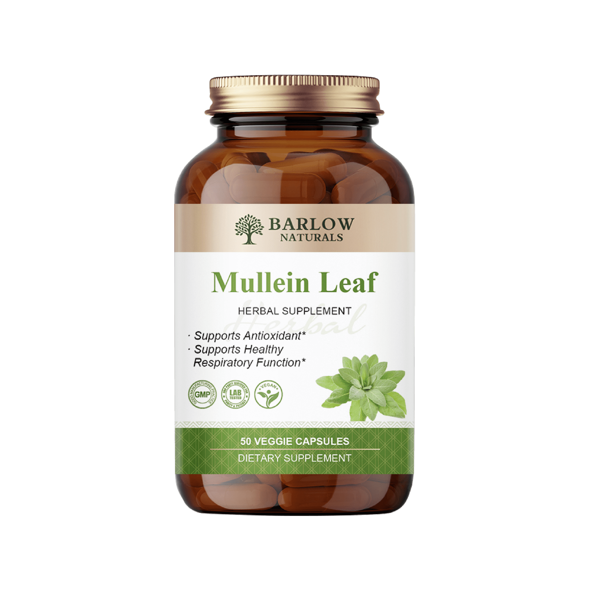 Barlow Naturals Mullein Leaf 500 mg, Supports Healthy Respiratory Function & Antioxidant Support, Herbal Supplement, 50 Veggie Capsules