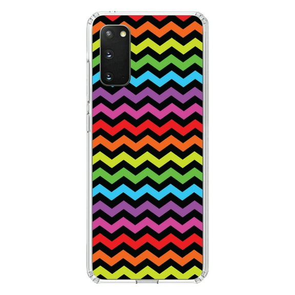 DistinctInk Clear Shockproof Hybrid Case for Galaxy S20 PLUS / 5G (6.7" Screen) - TPU Bumper, Acrylic Back, Tempered Glass Screen Protector - Rainbow Black Stripes Wave - Stripes Pattern