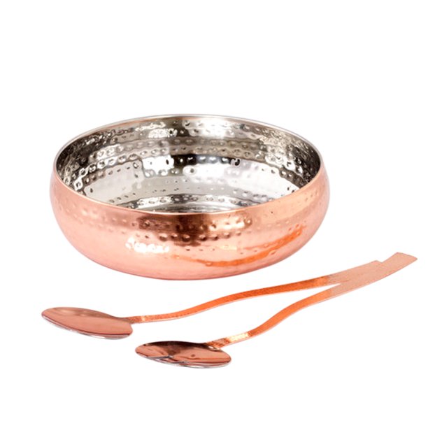 Copper Stainless Steel Salad Bowl With Serving Spoon Set Hammered