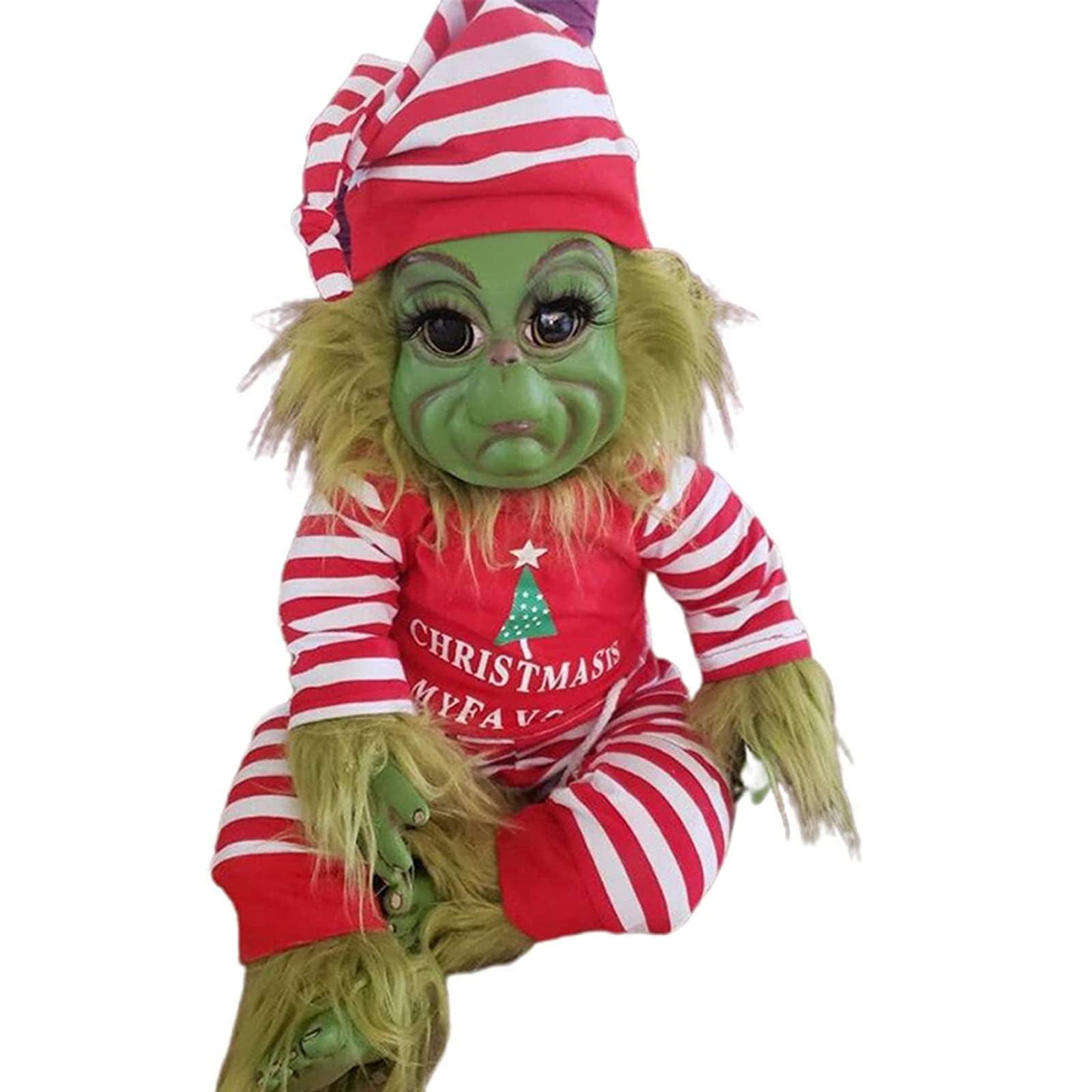 Grinch Doll, Hairy Grinch Baby with Removable Santa Costume Christmas Stuffed Plush Toy Handmade Lifelike Realistic Cartoon Doll Christmas Furry Cute Doll Toy Home Decorations image