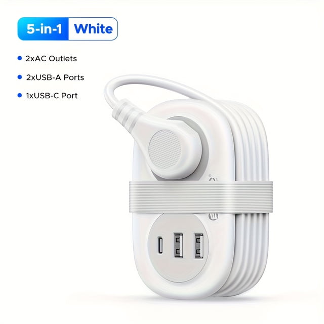 Portable Power Strip with Surge & -Controlled Outlets - Compact Travel Plug Adapter, 2 AC Outlets & 3-Port USB (1 USB-C), Overvoltage/Overcurrent/Overcharge,