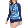 thumbnail image 3 of Paquete de 2 trajes de baño para mujer, cierre de cremallera frontal, pantalones cortos con cordón lateral, traje de baño de manga larga, estampado de hojas azules S, 3 of 7