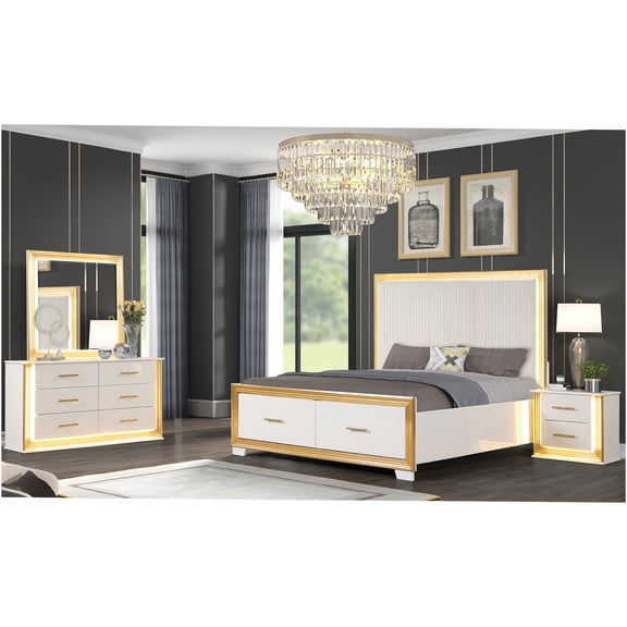JERFIT 4-Piece Queen Bedroom Set with LED Lights, Modern White & Gold Bed Frame, Dresser, Mirror & Nightstand, Wood Bedroom Furniture