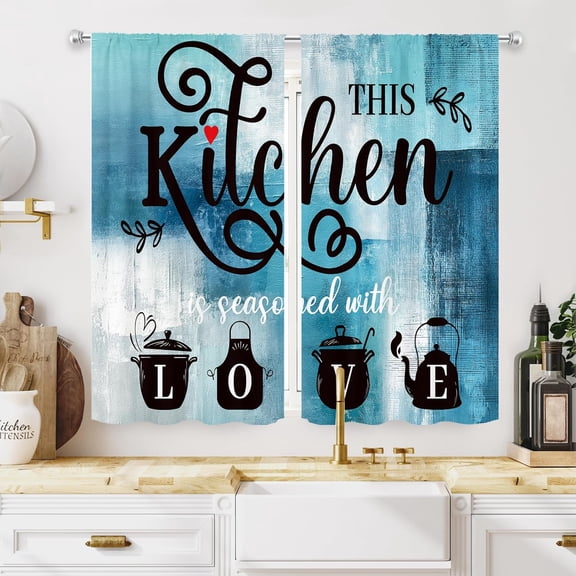 Teal Kitchen Curtains 27.5Wx39H Inch Rod Pocket Vintage Farmhouse Turquoise Grey Blue Abstract Bedroom Window Drapes Watercolor Quotes Printed Living Room Window Treatment Fabric 2 Panels