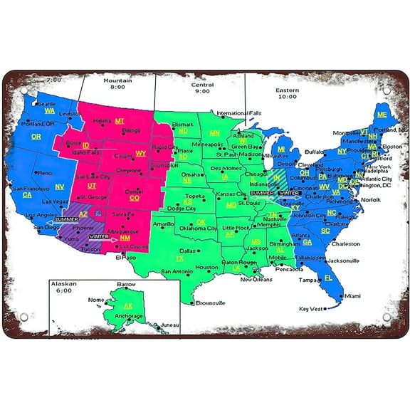 Retro Funny Metal Sign Sheet Signs Tin Sign,USA time Zone map， American map Outdoor Home Wall Decoration, Size:8 x 12, Multicolor